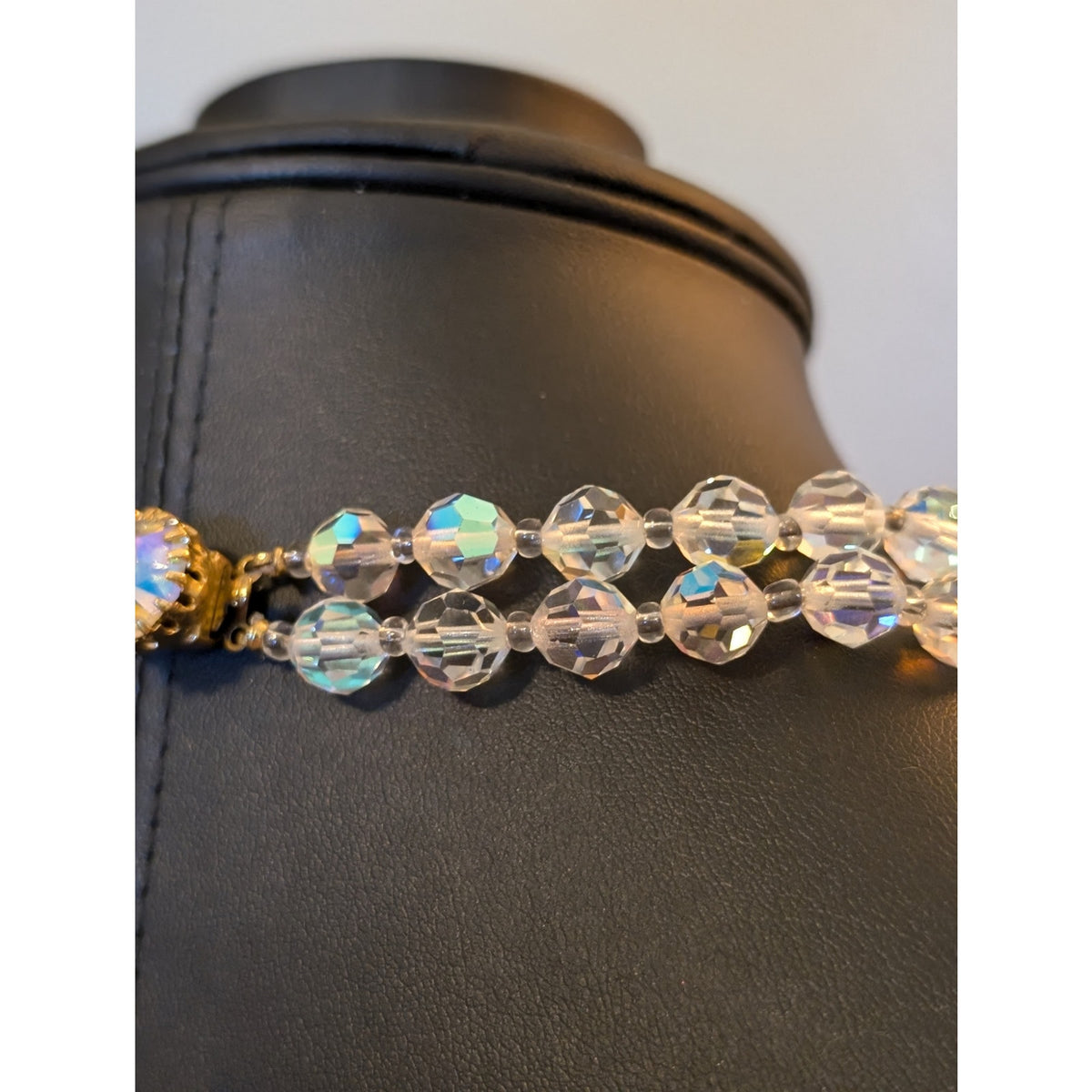 Vintage 1950s Double Strand Faceted Austrian AB Crystal Fancy Clasp Necklace