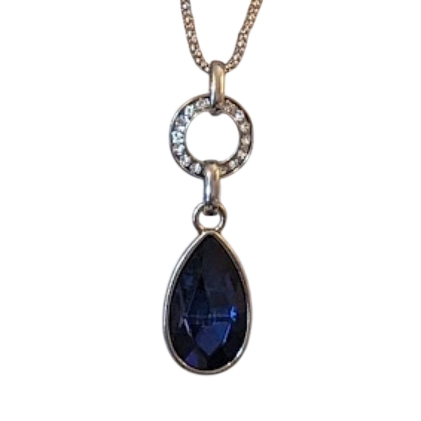 Blue Faceted Teardrop and Rhinestone Disc Pendant Necklace Silver Tone Chain 28"