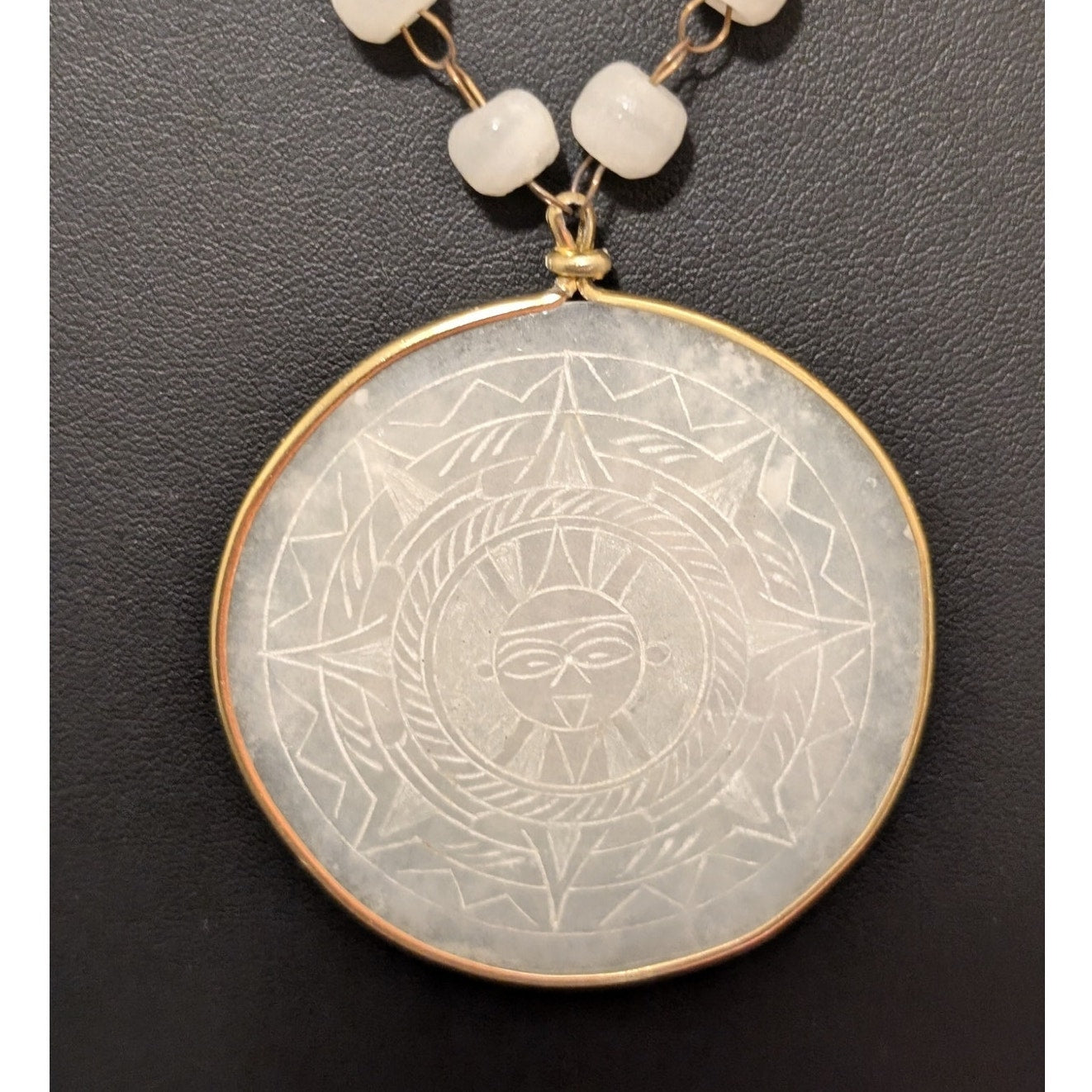 Carved White Quartz Mother of Pearl Gold Tone Bezel Medallion Beaded Necklace