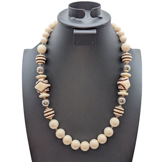 Vintage Cream Brown Stripe Silver Tone Beaded 25" Necklace
