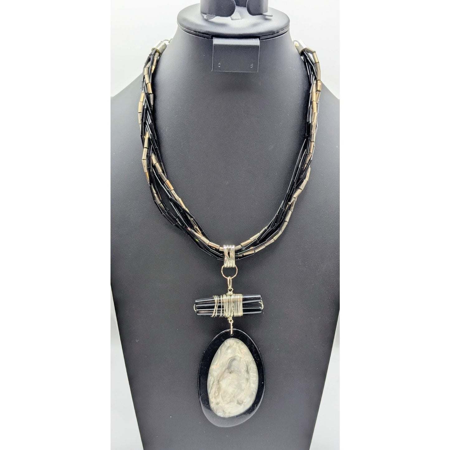 Chico's Chunky Bold Black White Multi-Beaded Chain Pendant 18"-22" Necklace