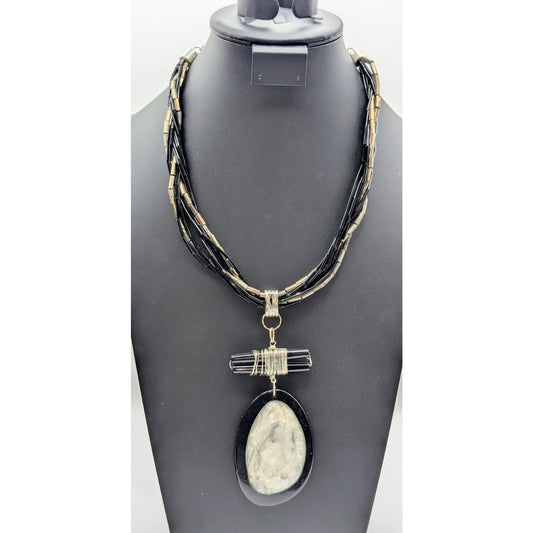 Chico's Chunky Bold Black White Multi-Beaded Chain Pendant 18"-22" Necklace