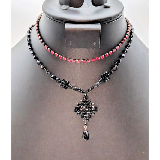 Vintage Lot of Two Black Crystal & Red Rhinestone Necklaces