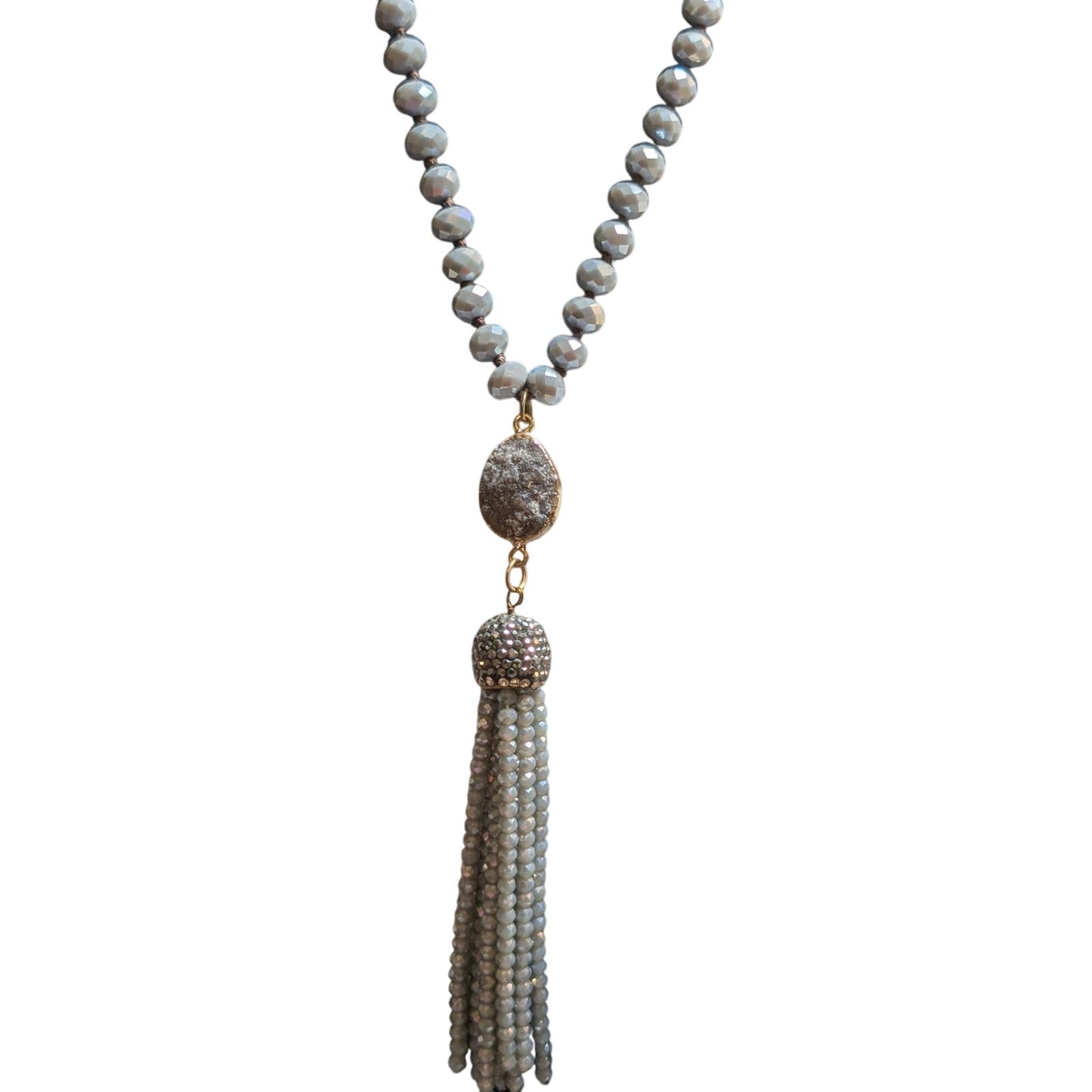 Boho Blue Gray Glass Czech Bead Druzy Sparkle Bead Tassel Necklace