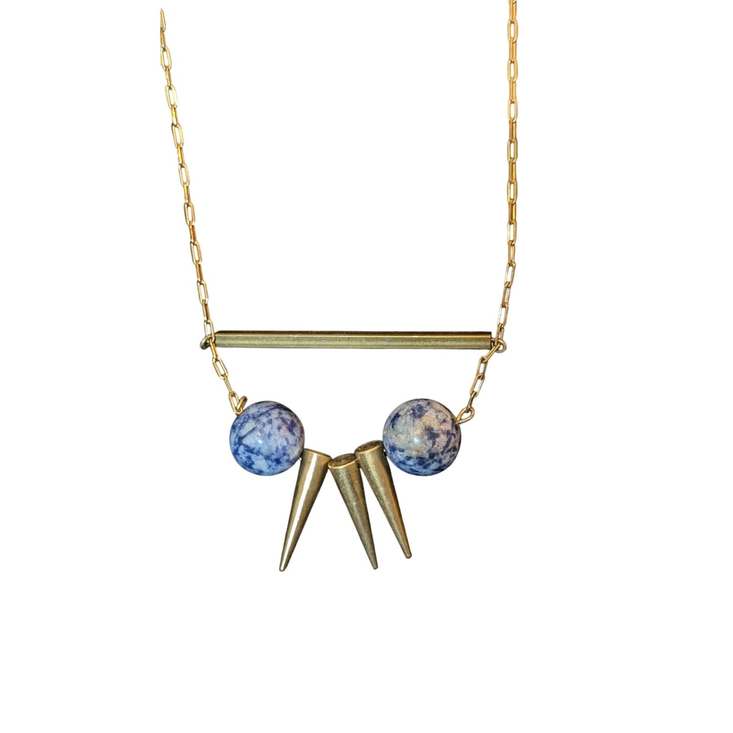 Gold Tone Paperclip Chain Bar Three Cone Two Sodalite Stone Bead Necklace