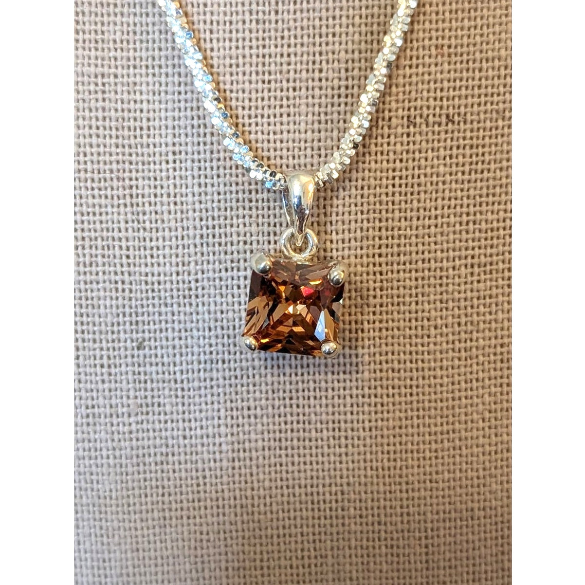 Square Cut Cushion Set Peachy Brown Crystal Pendant on 925 Sparkle Rock Chain