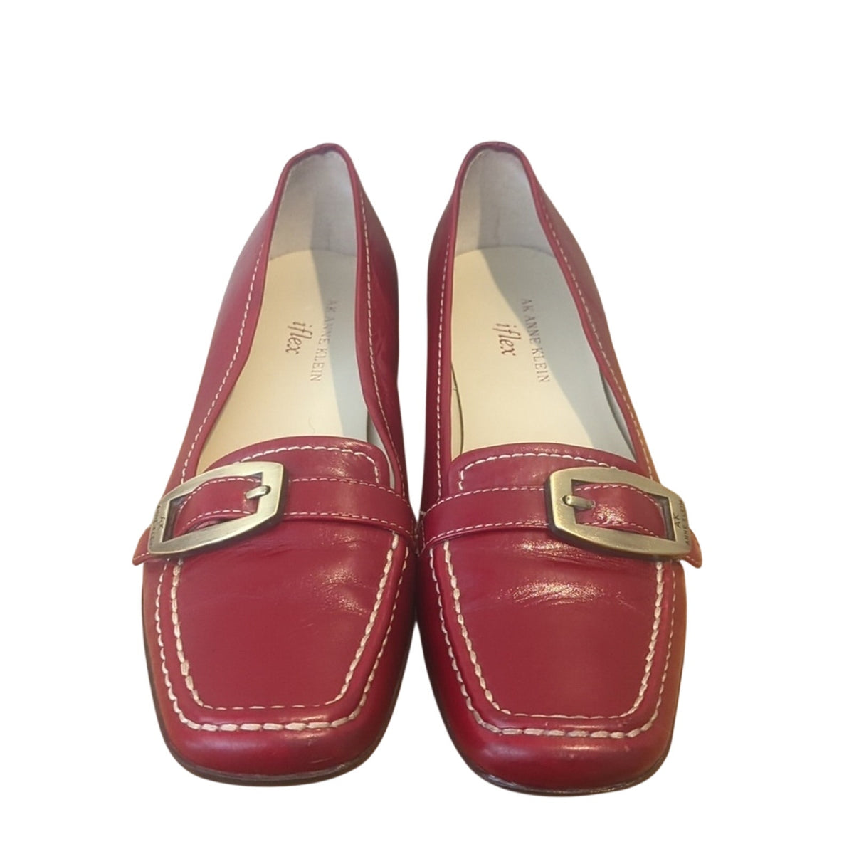 Anne Klein iflex Red Leather Topstitch Gold Hardware Loafers Women's Size 7.5N