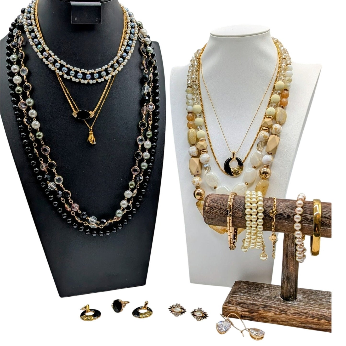 Lot of 17 Pieces Black Cream Gold Tone Jewelry Necklaces Bracelets Earrings Ring