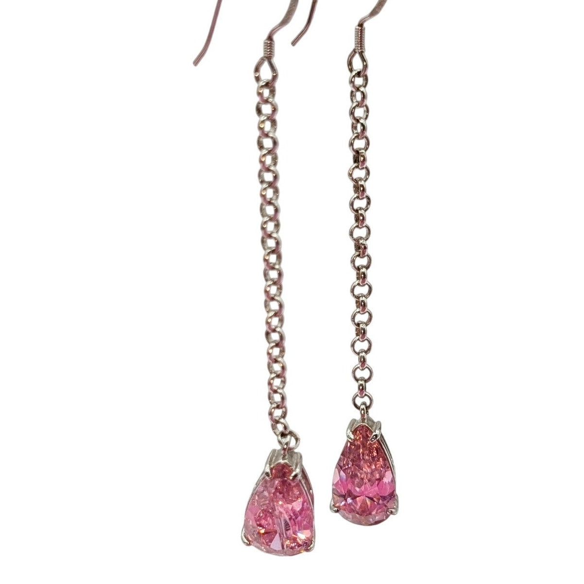 Marked EC 925 Sterling Silver Long Dangle Pink Teardrop Crystal Earrings