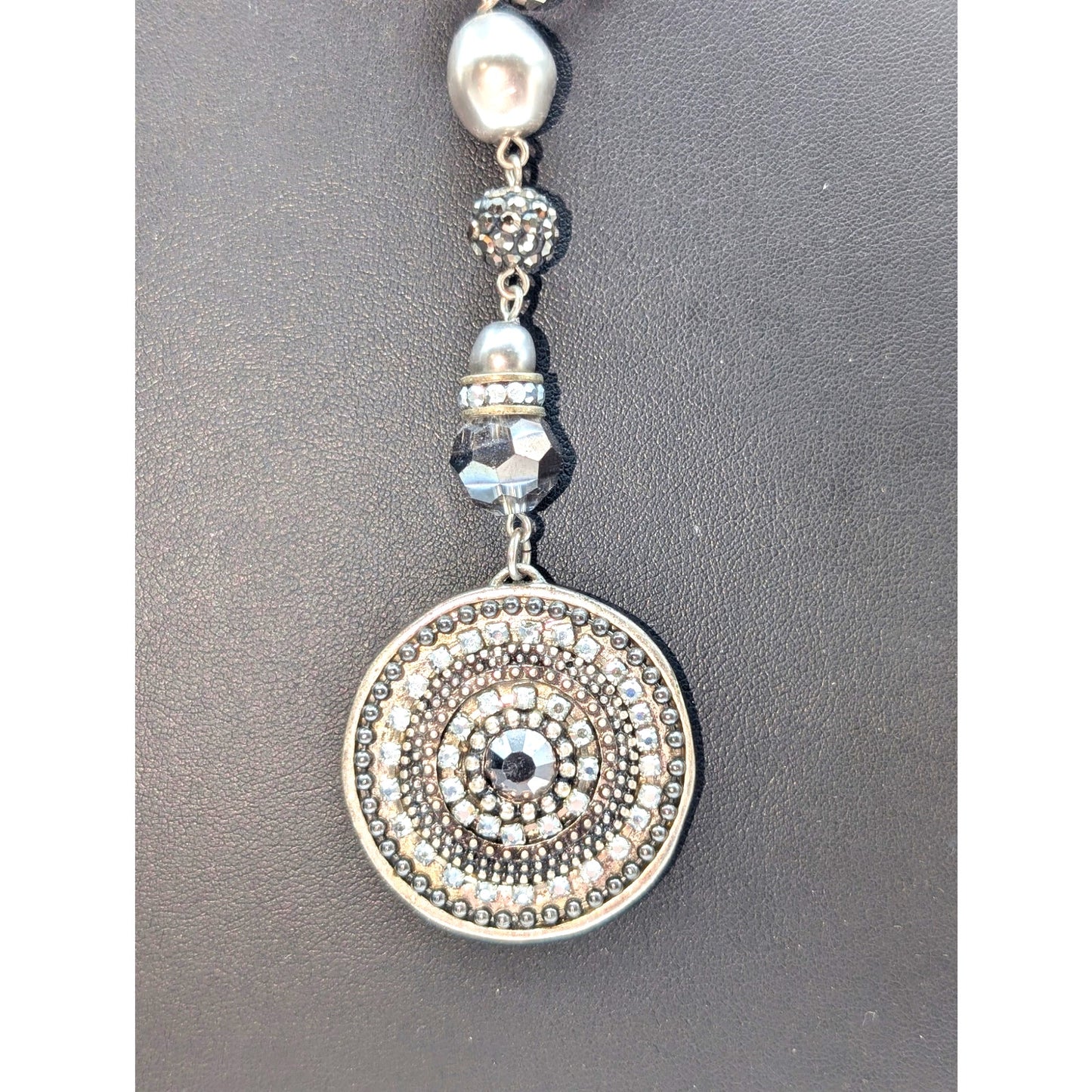 Chico's Silver Tone Metallic Crystal Gray Bead Y-Drop Medallion Pendant Necklace
