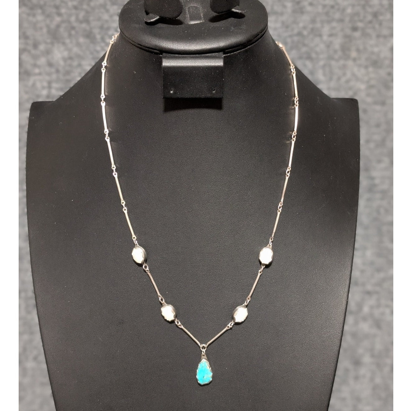Vtg Sterling Signed Hand Set Turquoise & Mother of Pearl Bar Chain Drop Necklace