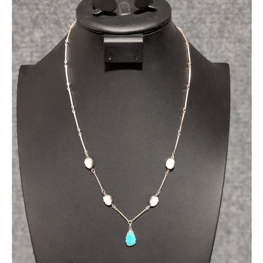 Vtg Sterling Signed Hand Set Turquoise & Mother of Pearl Bar Chain Drop Necklace