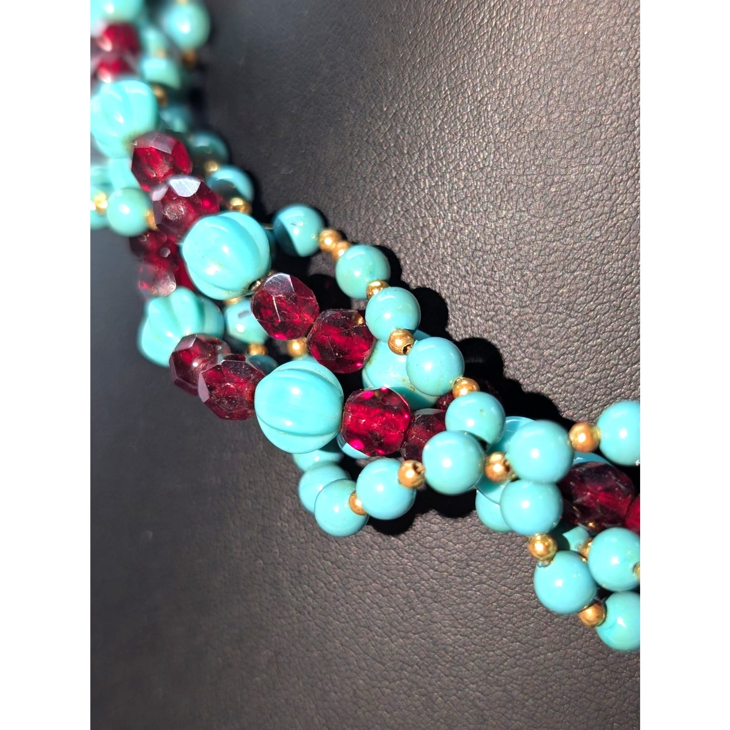 Vintage Faux Turquoise Carved & Red Crystal Torsade Hook Clasp Necklace