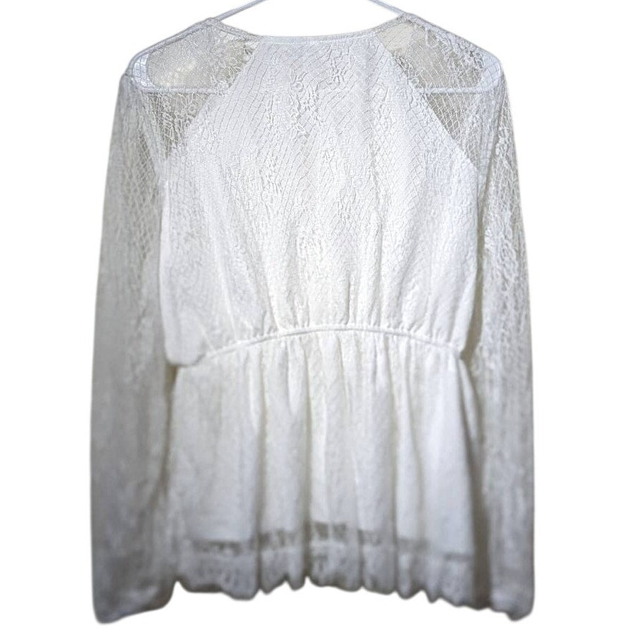 Unbranded White Lace Long Sleeve Tie Front Elastic Waist Blouse Womens Sz XL