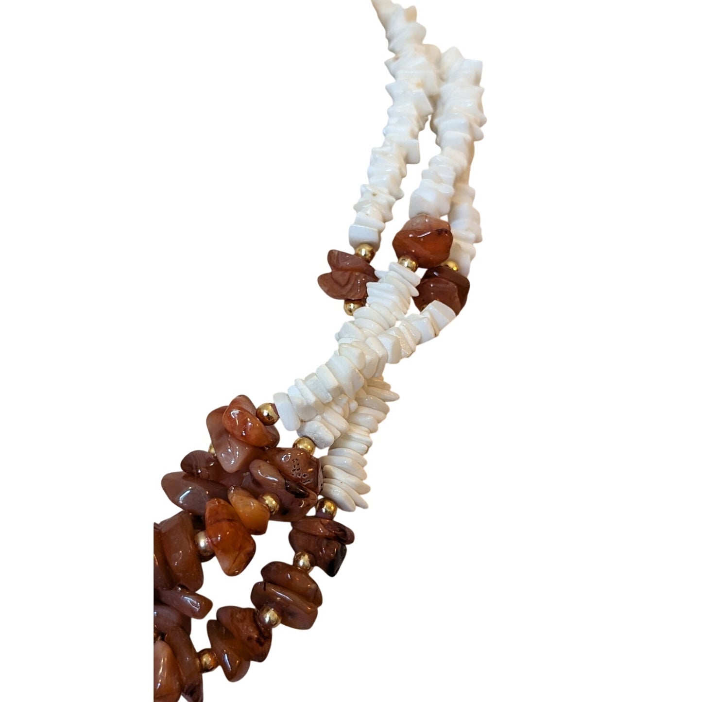 Three Strand Shell & Brown Chip Stone Beaded 19" Necklace W/ Barrel Clasp