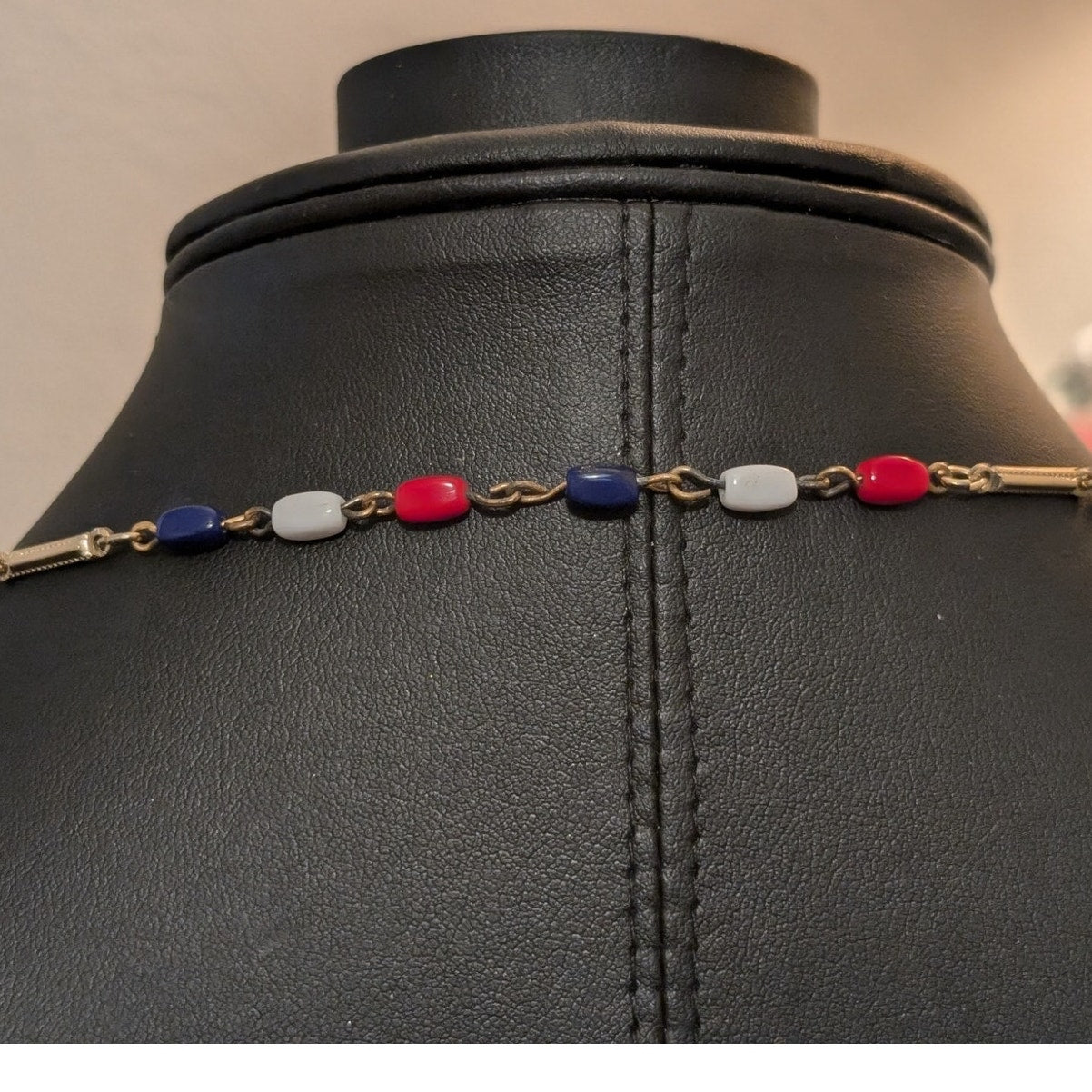 Vintage 70s Red White Blue Glass Bead Gold Tone Bar Link 44" Necklace