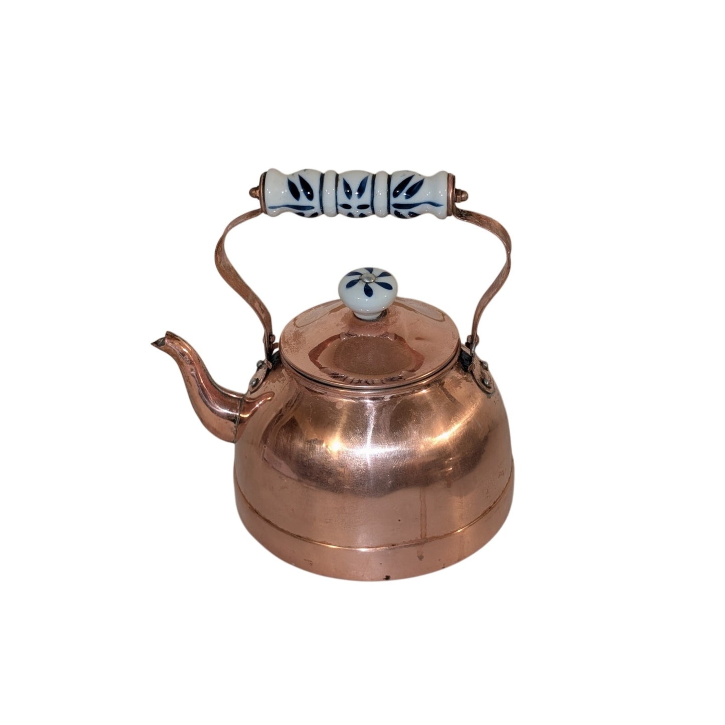 Vintage Antique Copper Tea Kettle W/ Blue White Ceramic Handle & Lid