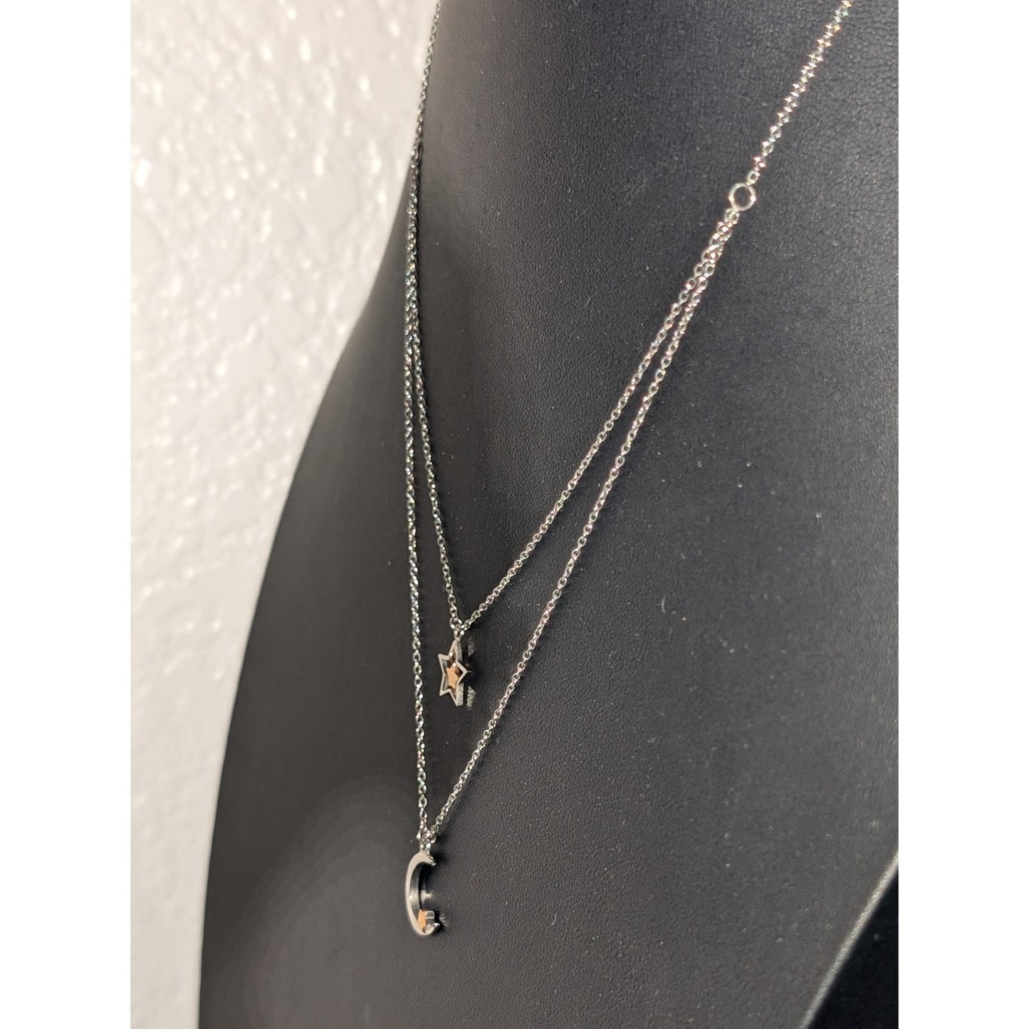 JCM Stainless Steel Double Strand Stars & Moon Two Tone Pendants Chain Necklace