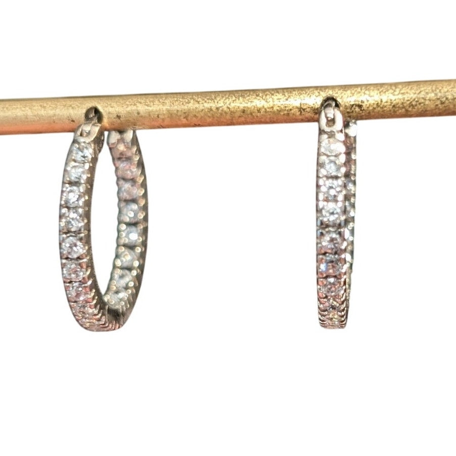 925 Sterling Silver Round CZ In & Out Snap Down Bar Medium Size Hoop Earrings