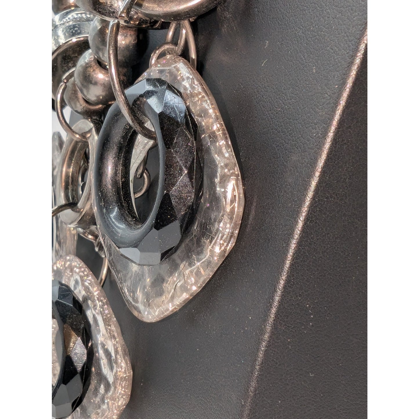 Chunky Geometrical Gun Metal Crackled Clear & Black Loopy Bead Chain Necklace