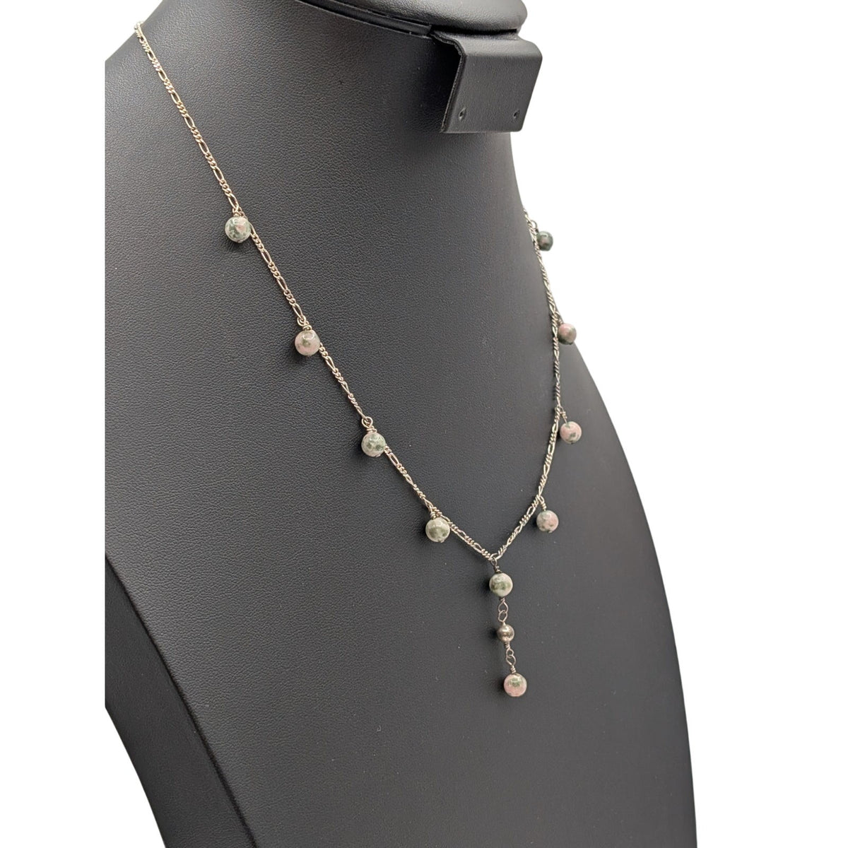 Vintage 925 Sterling Silver Unakite Dangle Bead Figaro Chain Link 19.5" Necklace