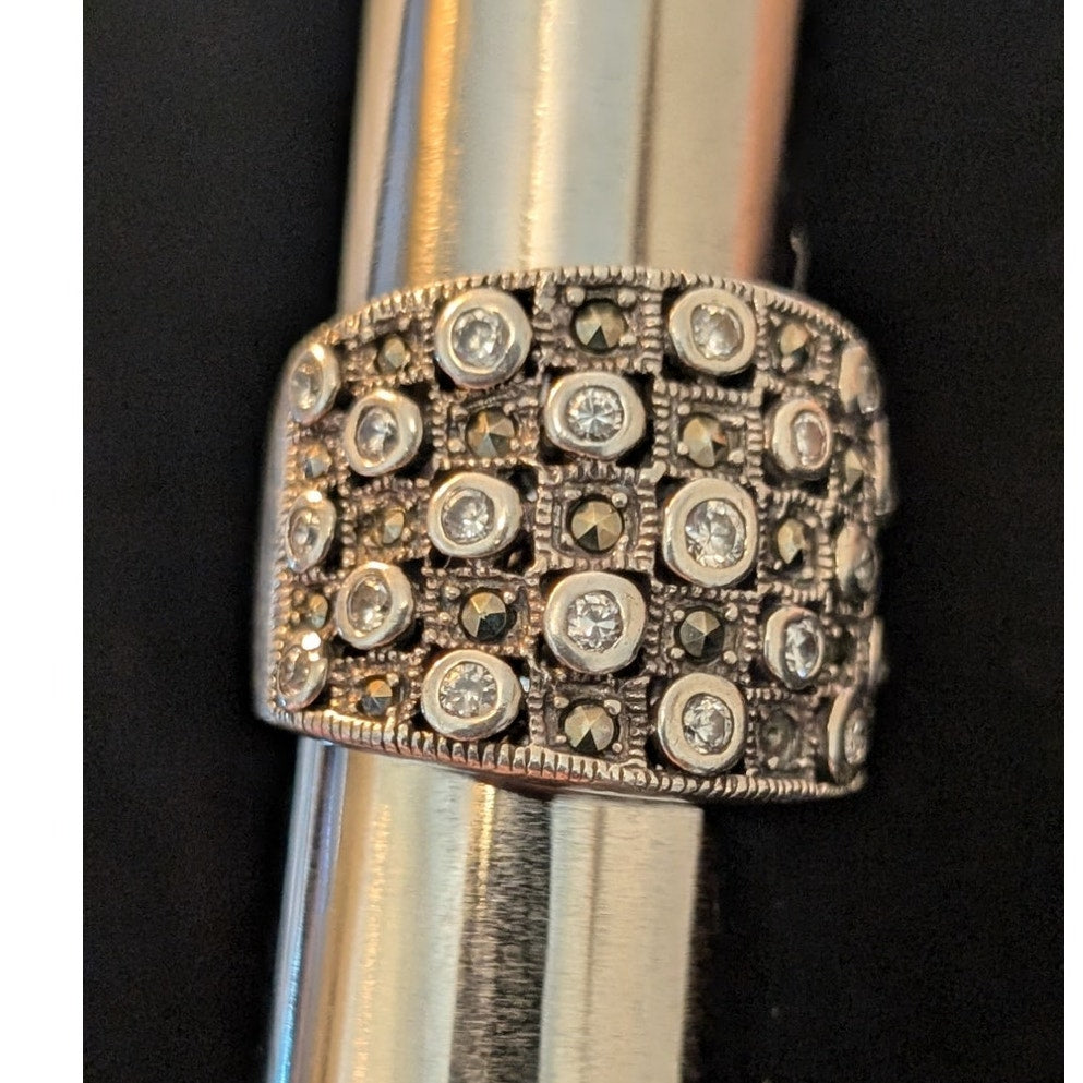 Vtg Sterling Silver 925 Marcasite Cubic Zirconia Wide Band Ring Size 7.5 10.14g
