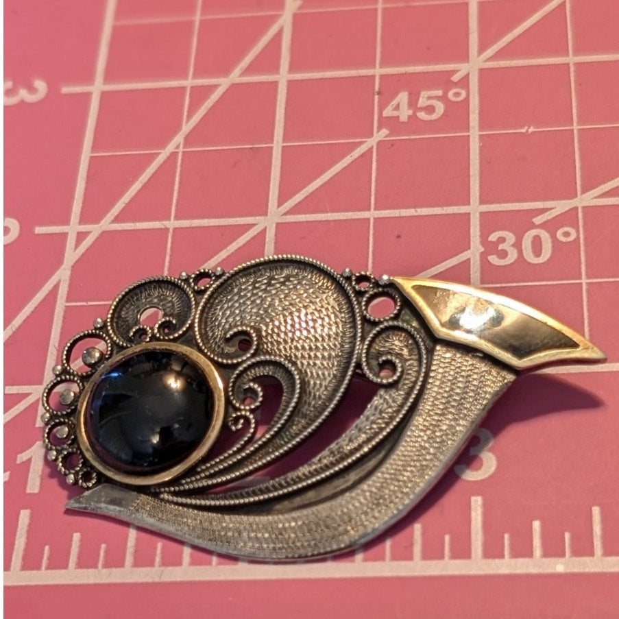 Antique Sterling Black Cabochon & Inlay Two Tone Push-Pull Trombone Back Brooch