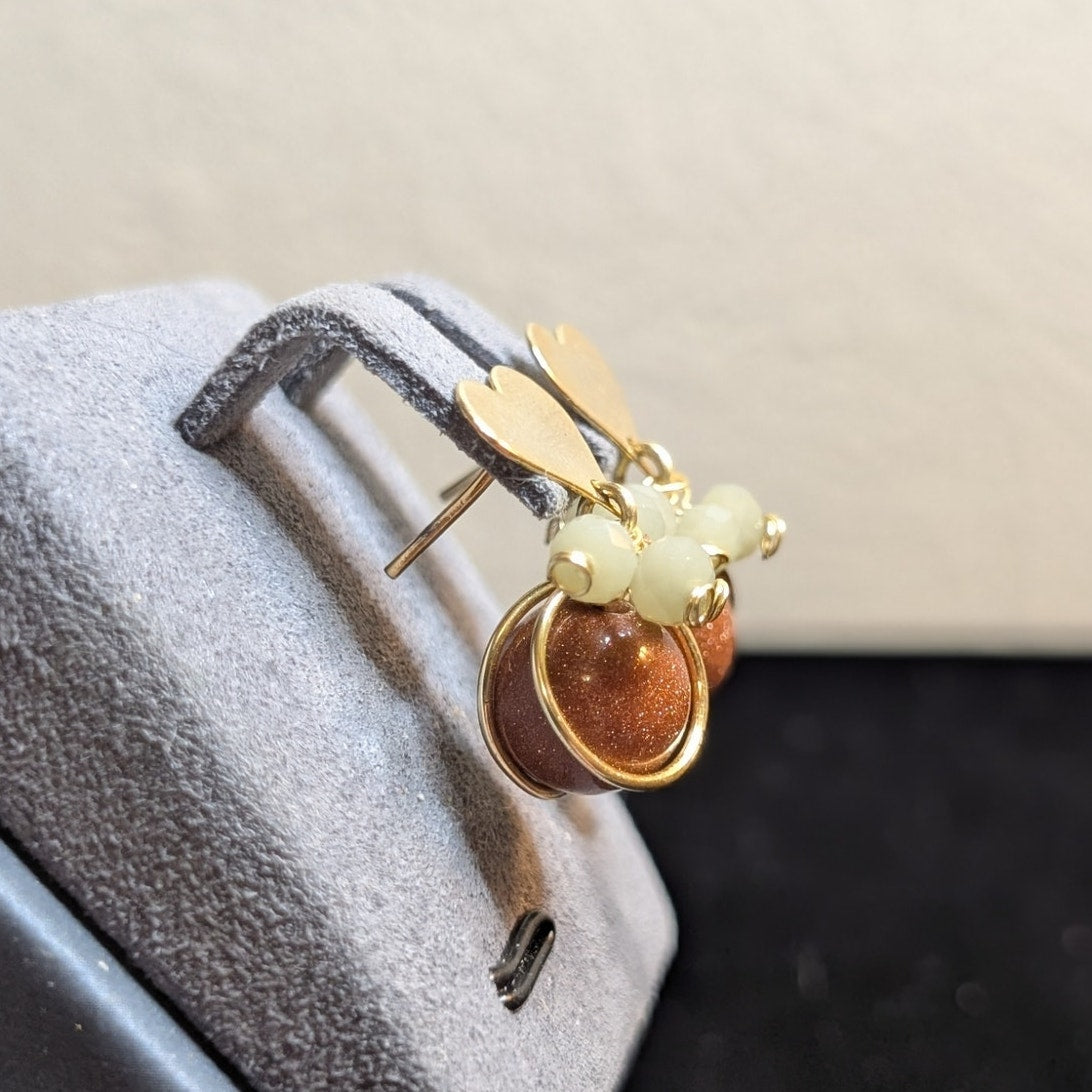 Gold Tone Heart Faux Gold Stone Beaded Post Dangle Earrings
