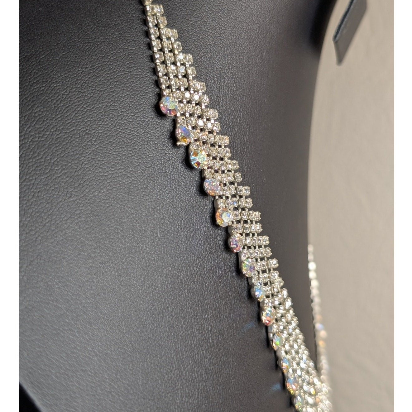 Rhinestone AB Crystal Fringe Dangle Silver Tone 17"-18" Necklace