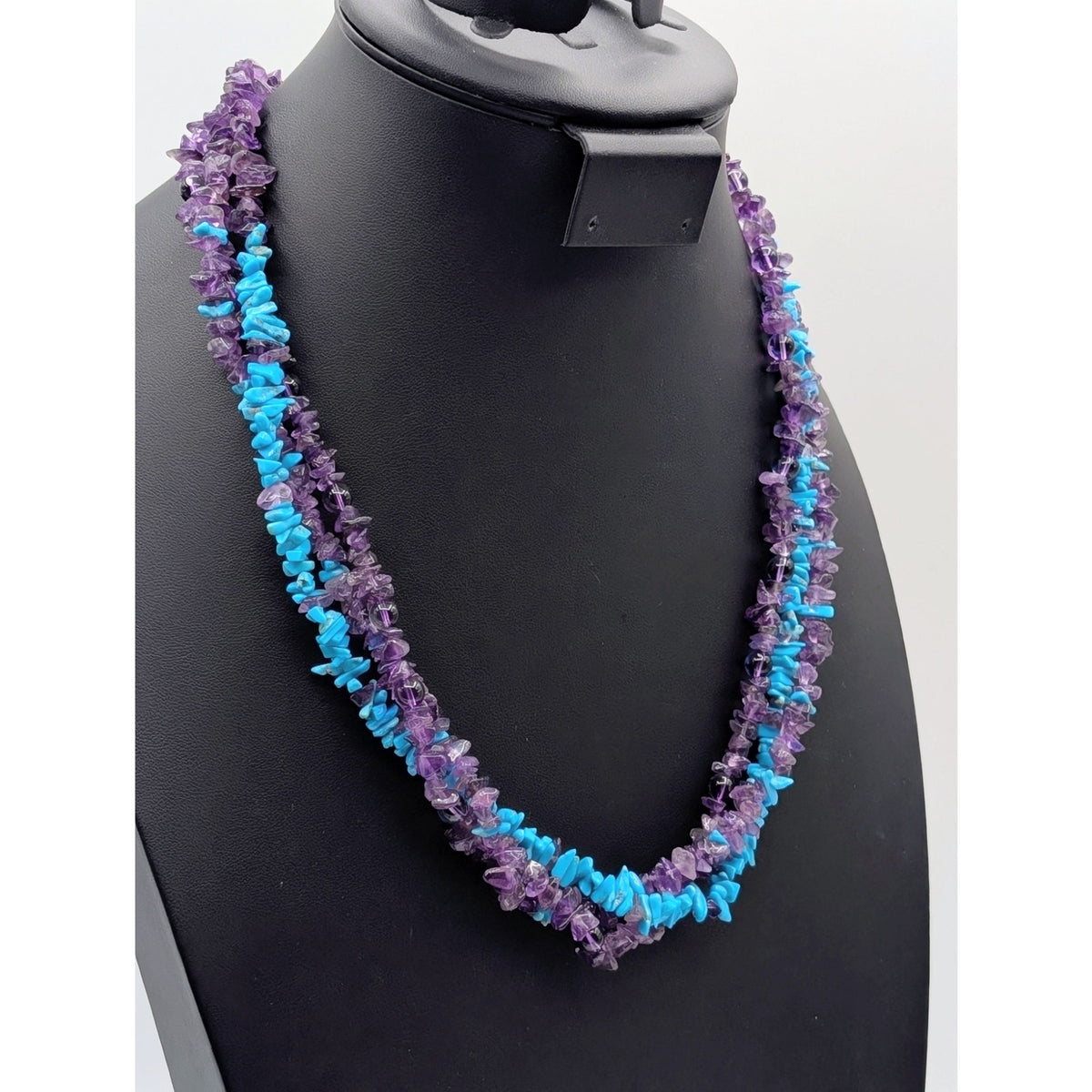 Vintage Multi-Strand Torsade Amethyst Turquoise Chip Bead Hook Clasp Necklace
