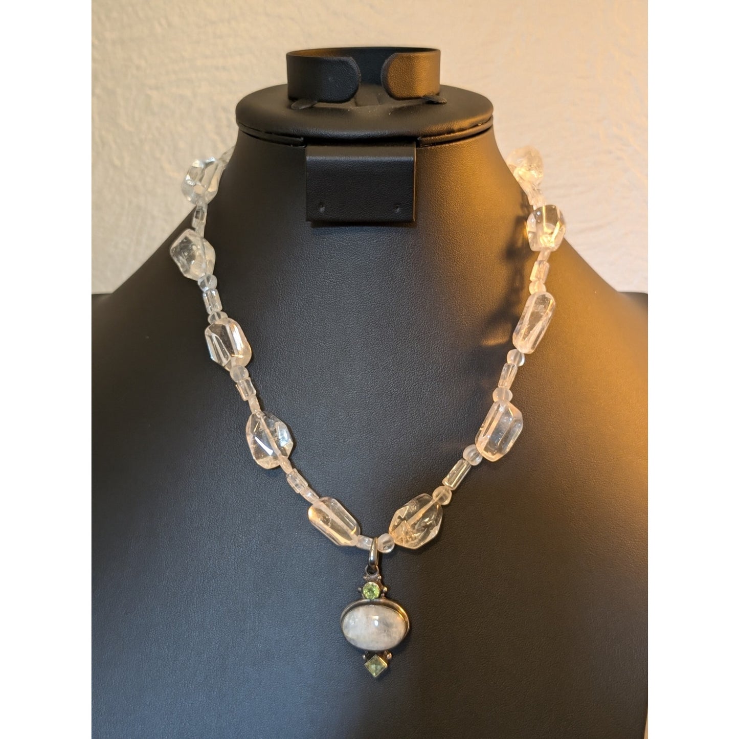 Polished Rock Quartz 925 Sterling Silver W/ Peridot Moonstone Pendant Necklace