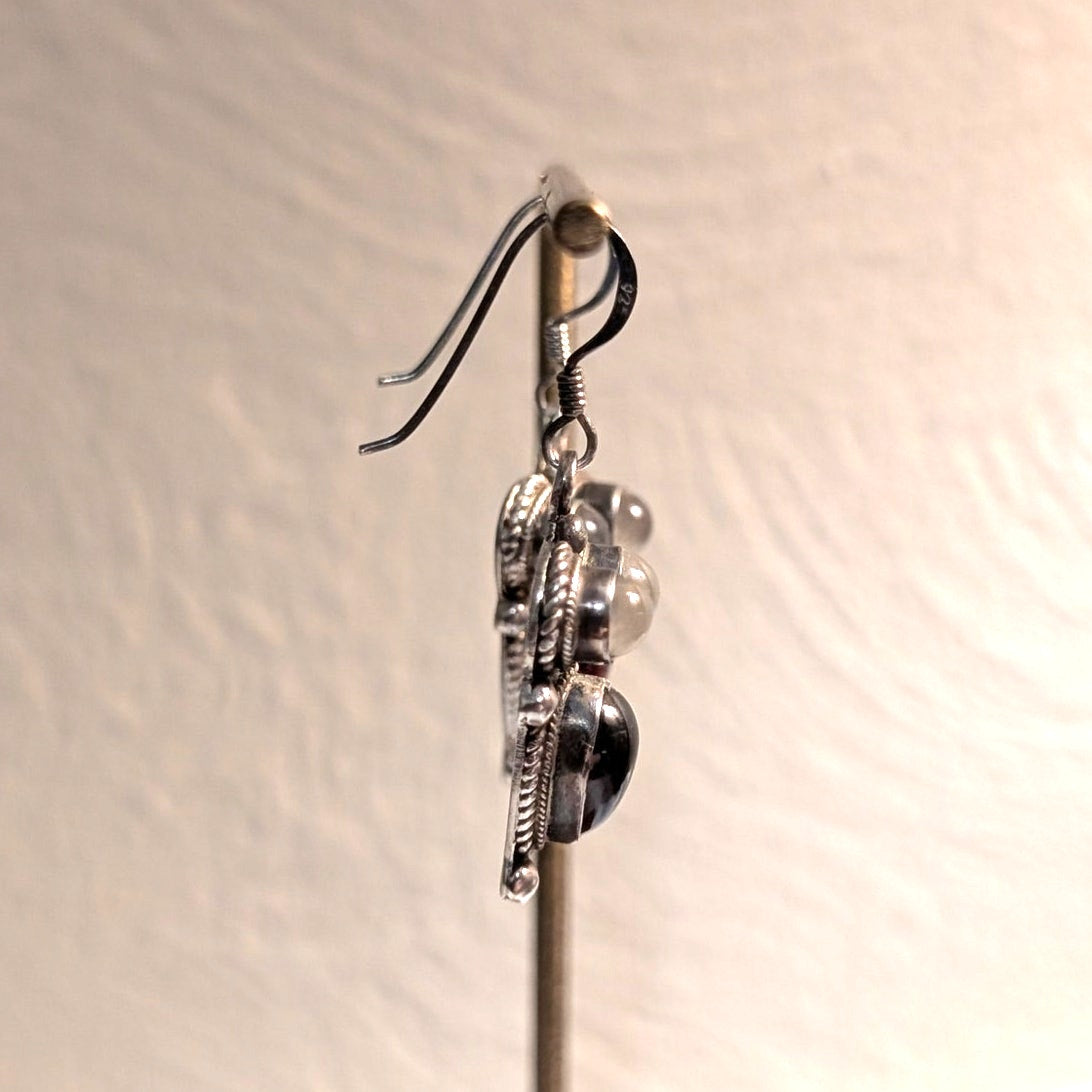 VTG Garnet (January Birthstone)  & Quartz 925 Sterling Silver Dangle Earrings