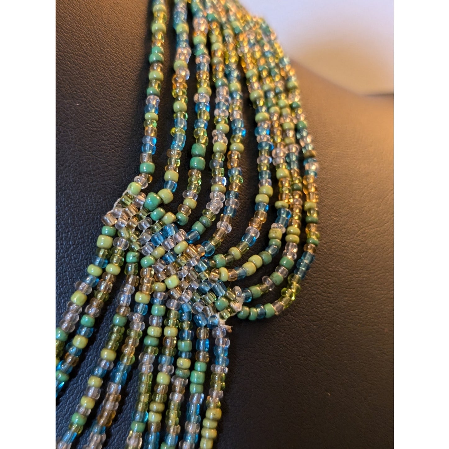 Hand Made Green Blue Seed Bead Multi-Strand Collar Necklace