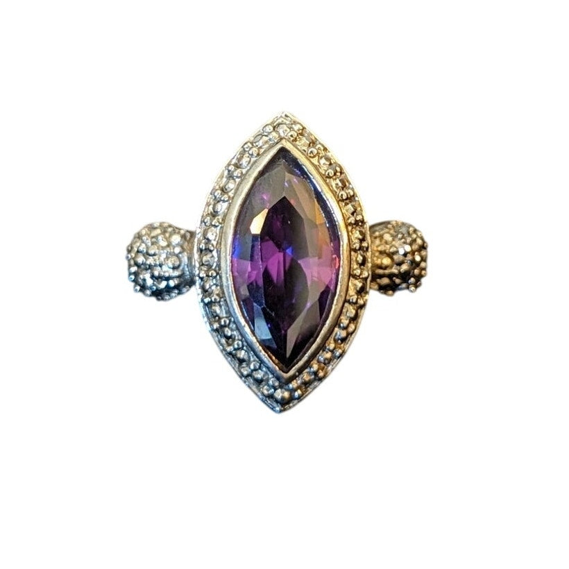 Purple Marquis Cut Glass Silver Tone Unmarked Ring Size 8.25