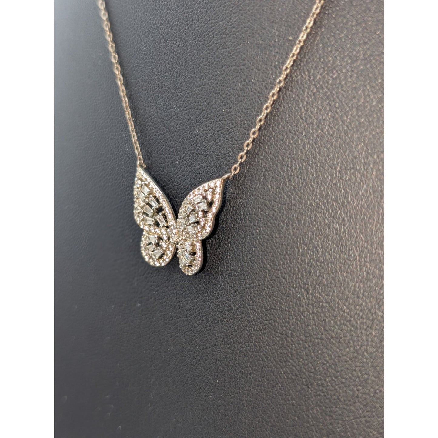 925 Sterling Silver CZ Encrusted Butterfly Pendant 16"-18" Necklace