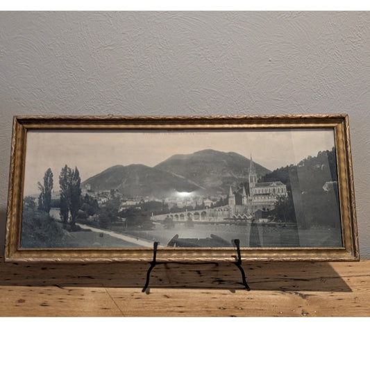 Antique/Vintage East to West Black & White Framed Picture of Lourdes Under Glass