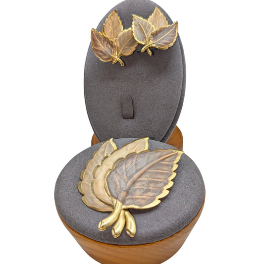 Gold Tone Metal & Neutral Painted Autumn Leaves Brooch & Pierced Earring Set