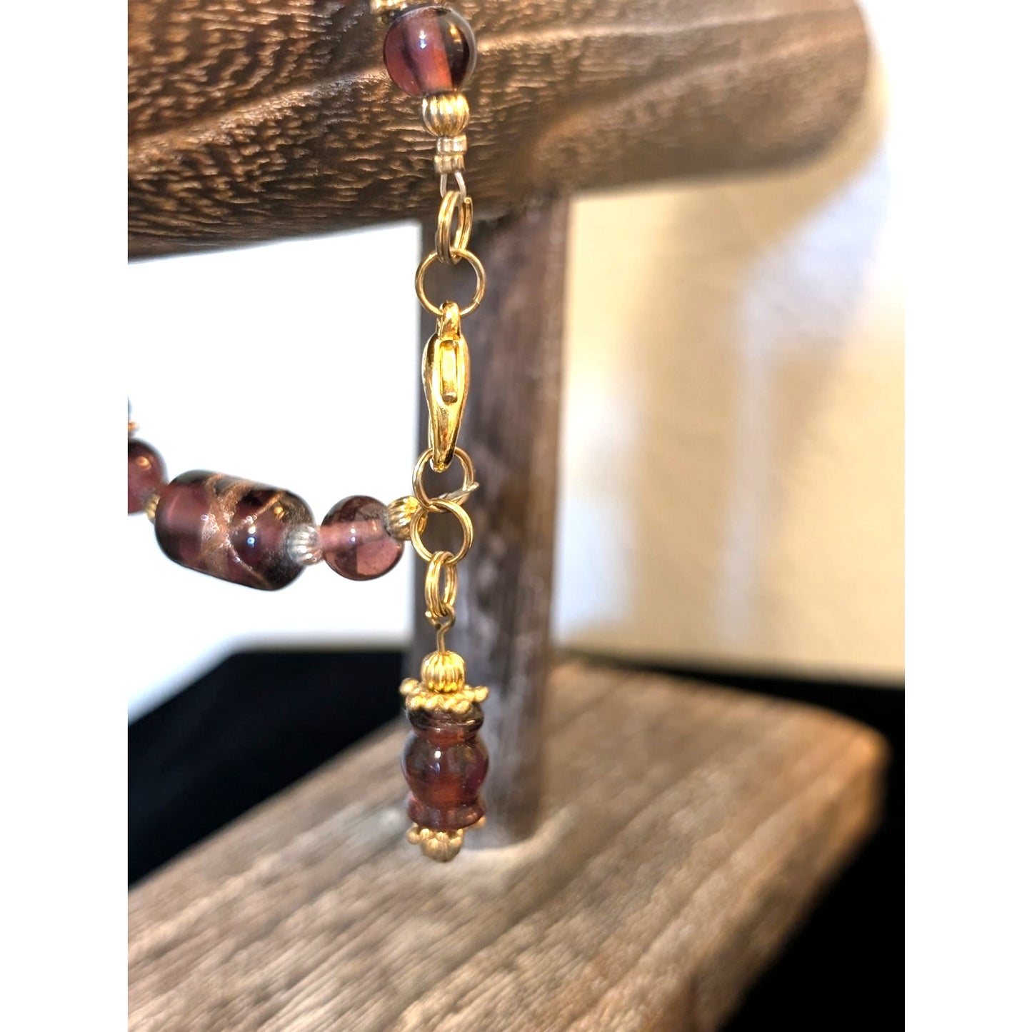 Gold Foil Purple Glass Artisan Beaded Bracelet W/ Bead Dangle