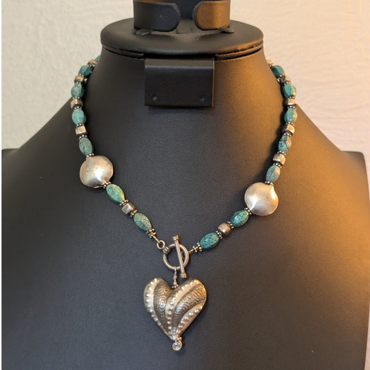 925 Textured Puff Heart Pillow Square & Turquoise Bead Toggle Clasp Necklace