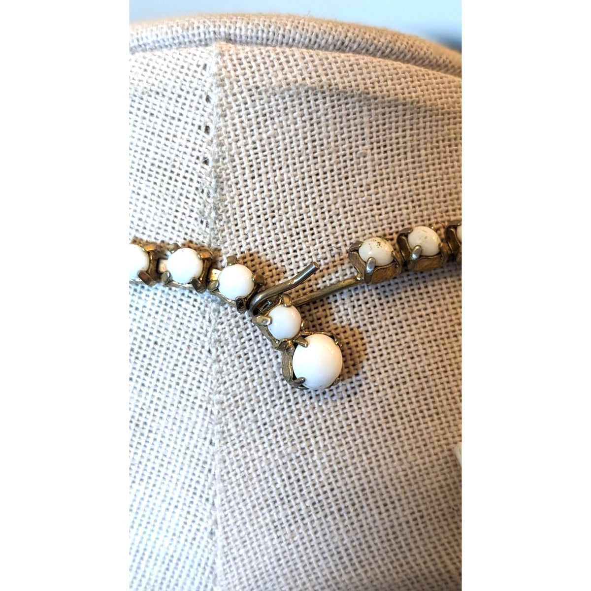 Vintage Prong Set Milk Glass Cabochon 16" Necklace W/ Hook Clasp