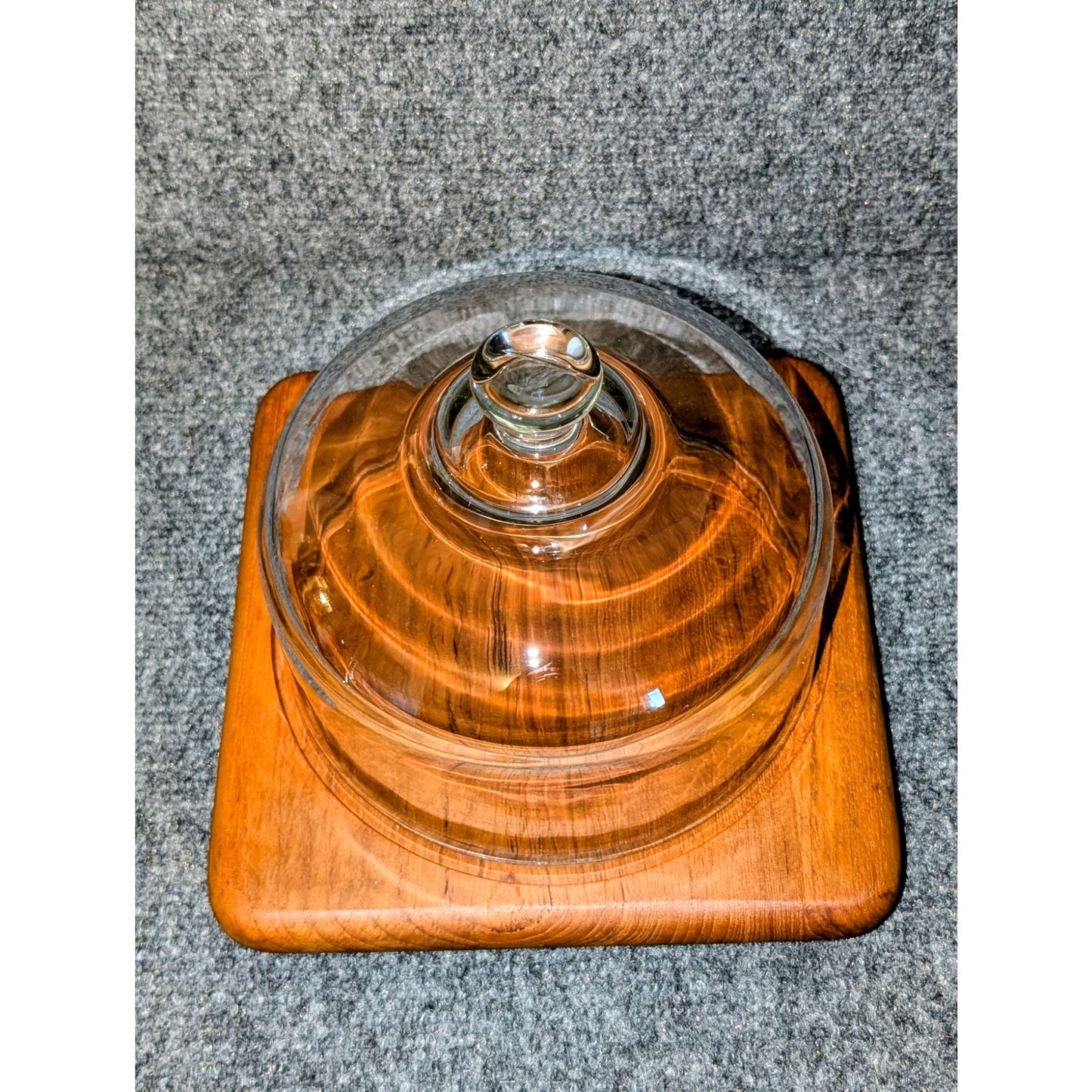 VTG 1970s Square Genuine Teak Wood Charcuterie Board W/ Glass Cloche