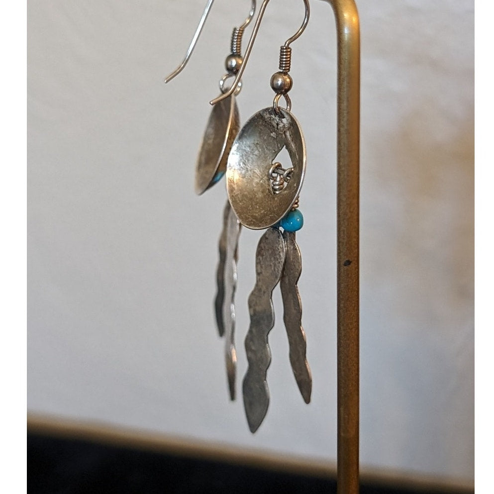 Vintage Native American Navajo Concho Turquoise Bead Feather Dangle Earrings