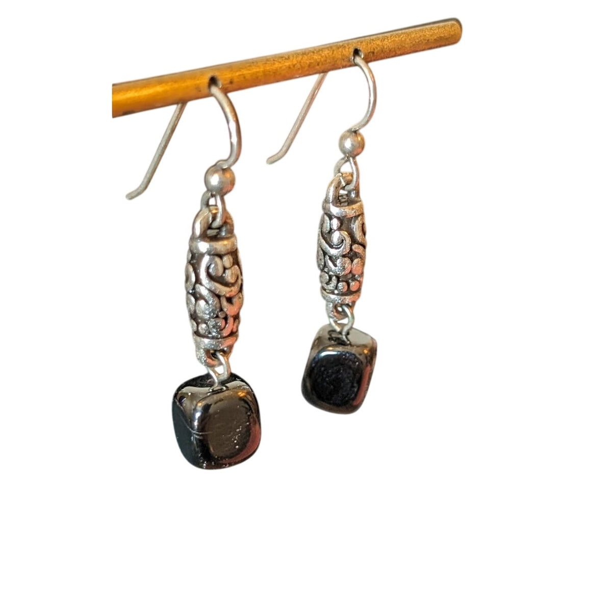 Black Square Gemstone & Silver Tone Deco Lace Elongated Bead Dangle Earrings