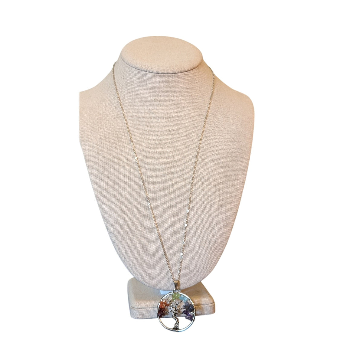 Gemstone Tree of Life Pendant Marked 8KGE on Silver Tone Chain Necklace