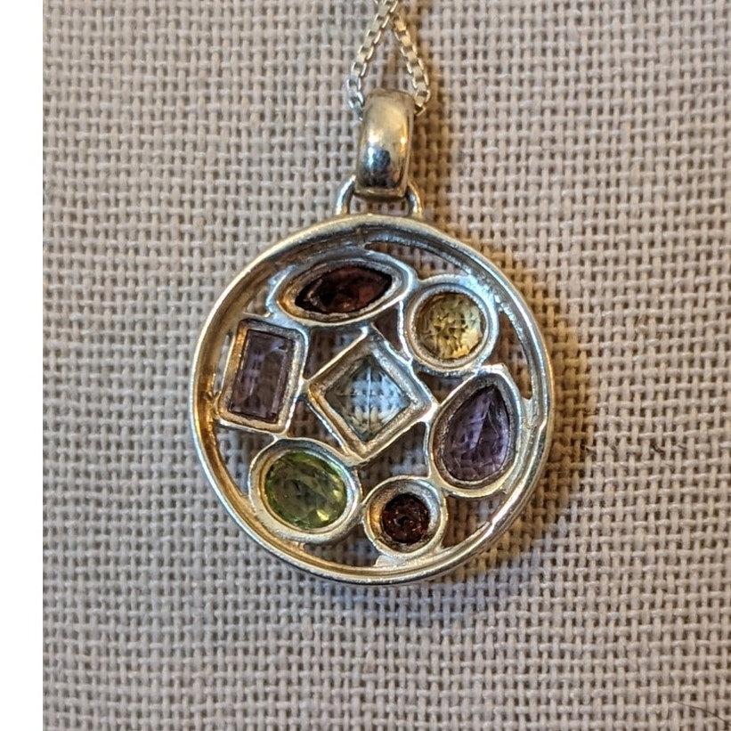 925 Sterling Silver Bezel Set Multi-Gemstone Necklace & Ring Set Ring Size 6