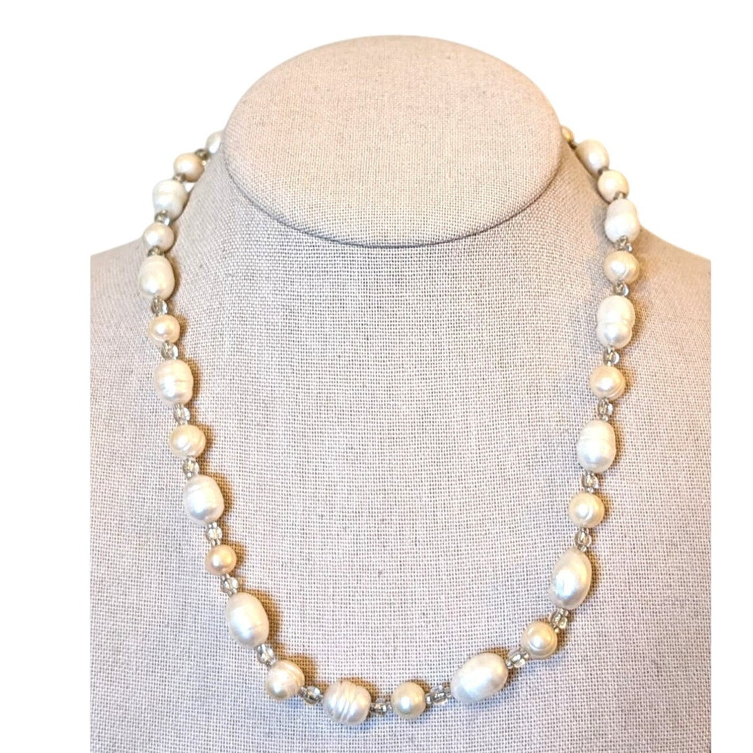 Freshwater Baroque Pearl Necklace W/ Clear Glass Bead Barrel Clasp 19" Necklace
