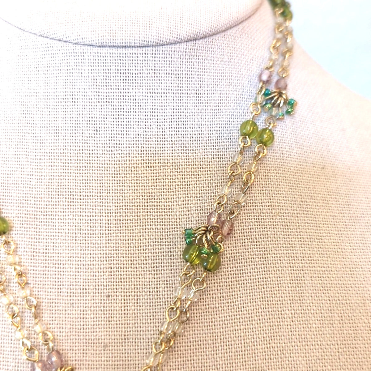 Gold Tone Double Strand Beaded Chain Pink Green Rhinestone Medallion Necklace
