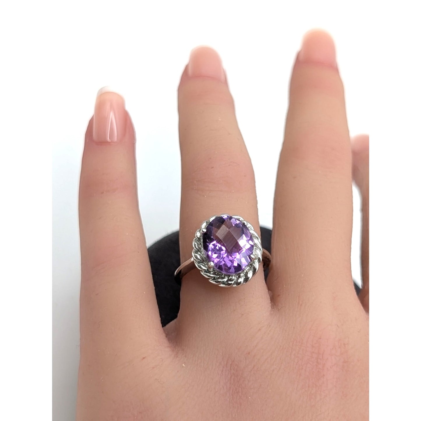 925 Sterling Silver Lg Oval Facet Cut Amethyst Twisted Rope Surround Ring Sz 7