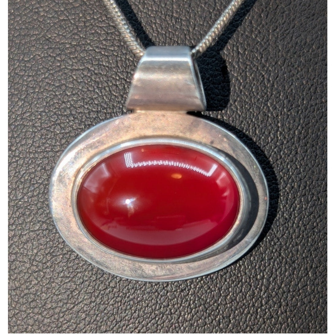 Vtg 925 Sterling Silver Mexico Bezel Set Carnelian Stone 16.5" Chain Necklace