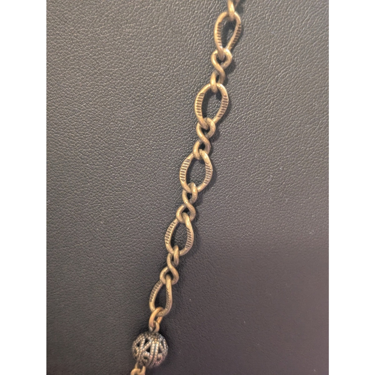 Antiqued Brass Fancy French Filigree Crystal Bead Textured Chain 26" Necklace